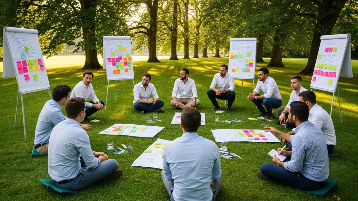 Atelier de cohésion en cercle dans le parc d'un château en Île-de-France, équipe diverse en tenue décontractée, ambiance collaborative et management horizontal