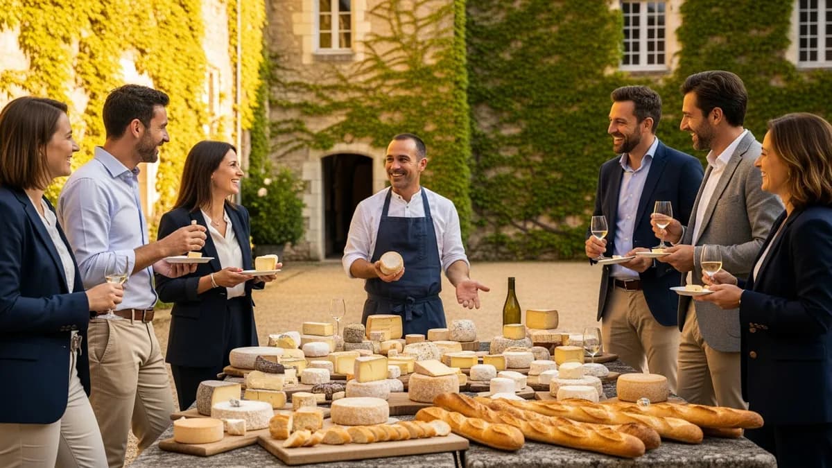 Participants d'un séminaire en château en Île-de-France participant à un atelier gastronomie avec produits du terroir francilien, fromages et pains artisanaux sur une table en pierre