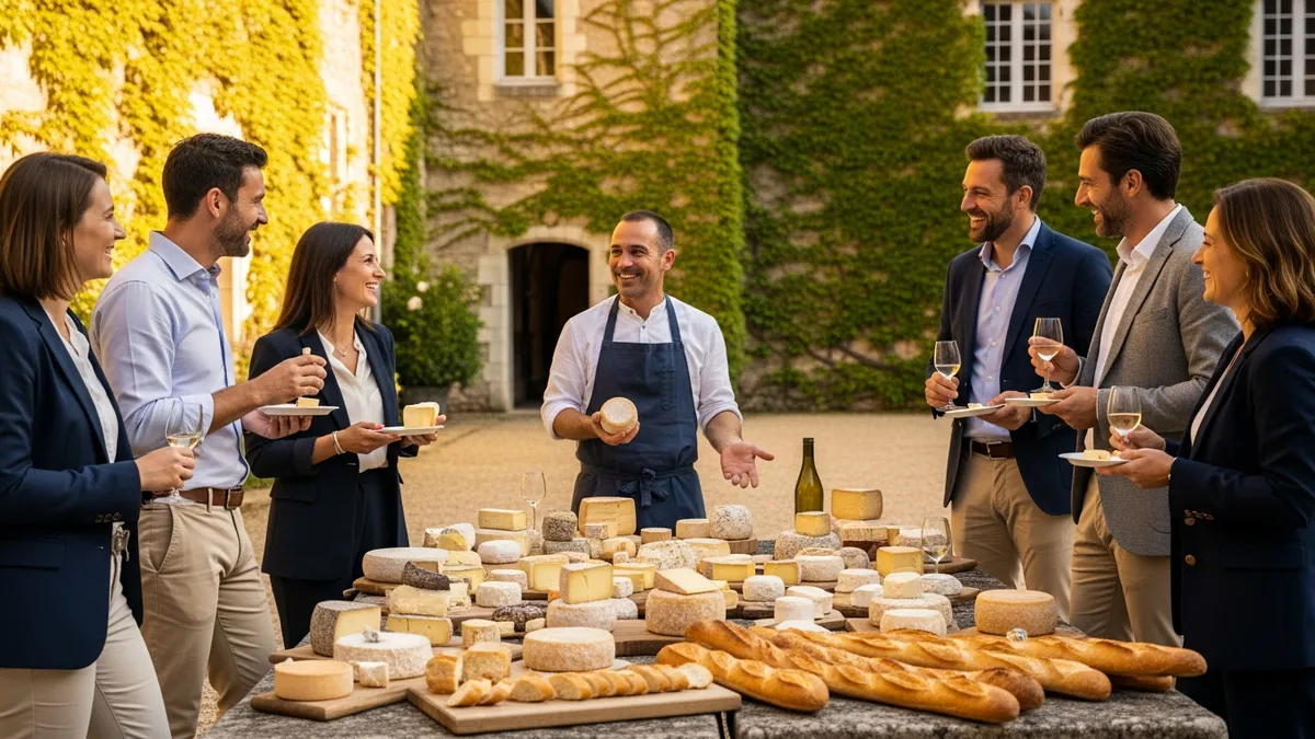 Participants d'un séminaire en château en Île-de-France participant à un atelier gastronomie avec produits du terroir francilien, fromages et pains artisanaux sur une table en pierre