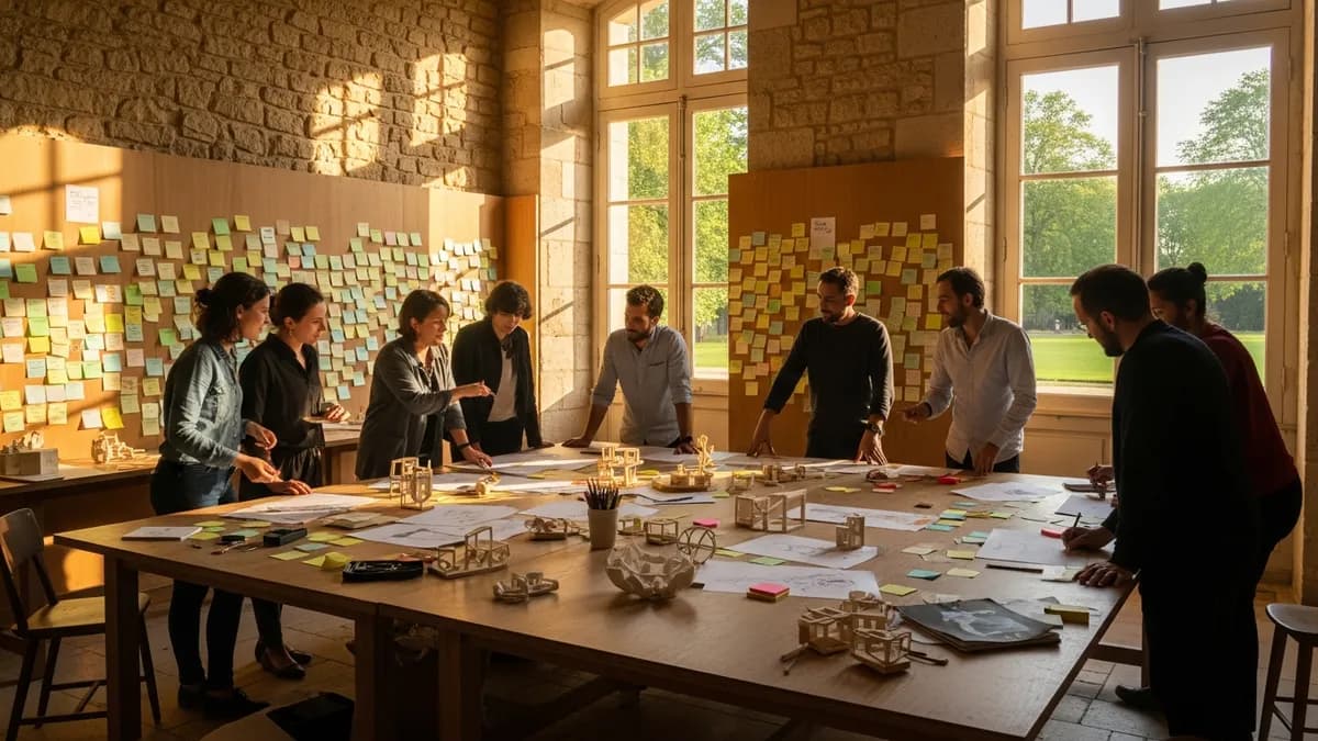 Atelier de créativité en château avec post-its colorés sur les murs de pierre, équipe en session de brainstorming dans une salle lumineuse avec vue sur un parc à la française