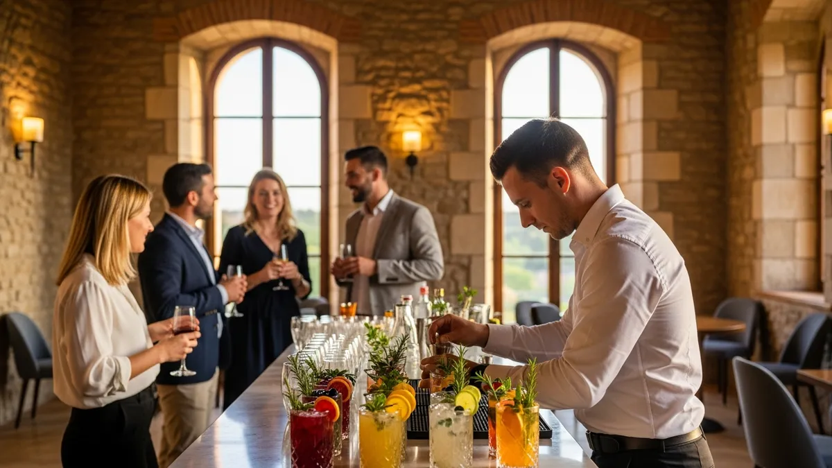 Table de cocktail dînatoire sans alcool en château, verres de mocktails colorés et amuse-bouches raffinés, ambiance lumière dorée