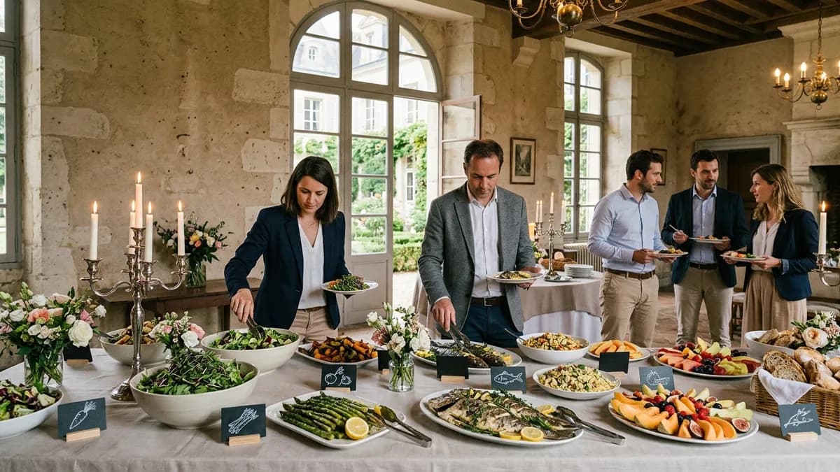 Table de buffet de séminaire dans un château avec des options diversifiées incluant des plats végétariens, halal et sans gluten, présentés élégamment dans une grande salle à manger historique