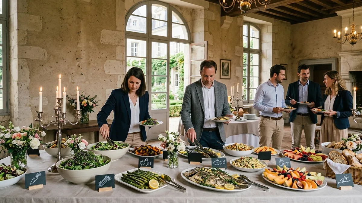 Table de buffet de séminaire dans un château avec des options diversifiées incluant des plats végétariens, halal et sans gluten, présentés élégamment dans une grande salle à manger historique