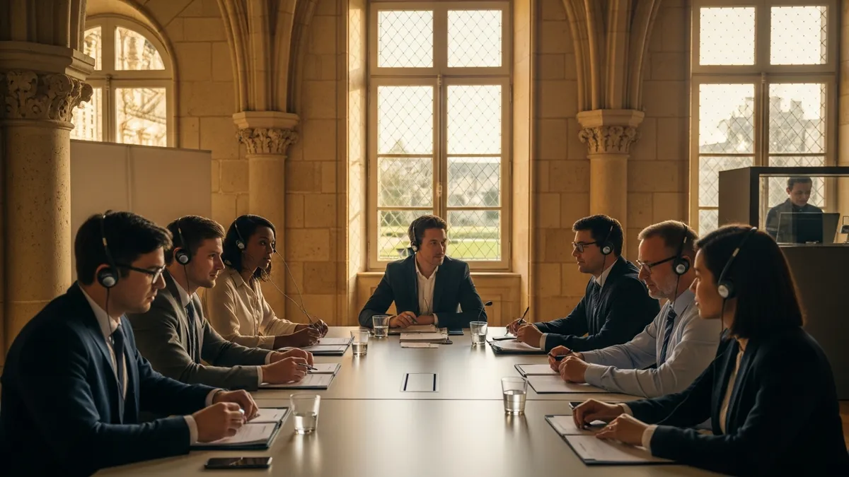 Salle de séminaire en château français avec équipement d'interprétation simultanée et participants internationaux en business casual