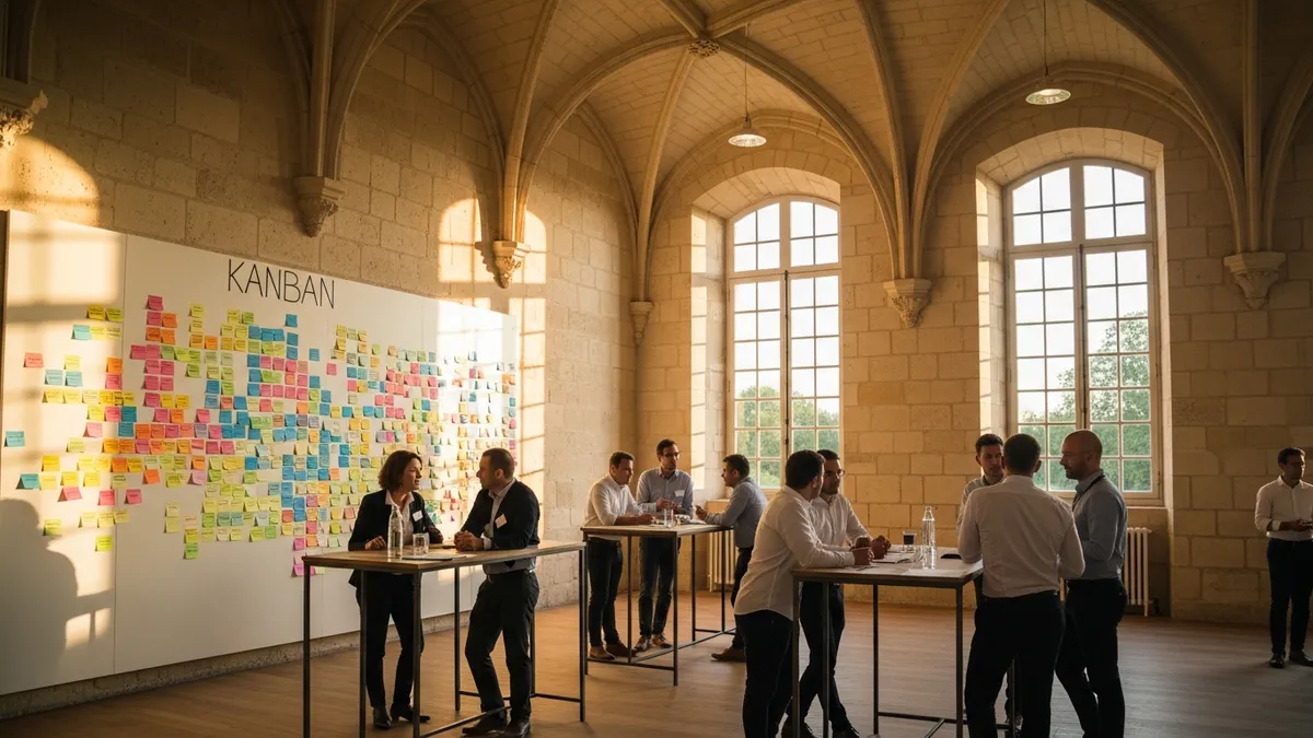 Salle de séminaire agile en château Île-de-France avec post-its et tableaux Kanban, participants en atelier