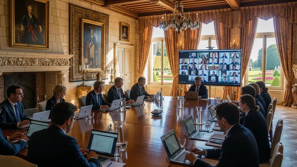 Salle de séminaire dans un château d'Île-de-France avec grand écran de visioconférence affichant des participants distants, groupe de travail en présentiel autour d'une table