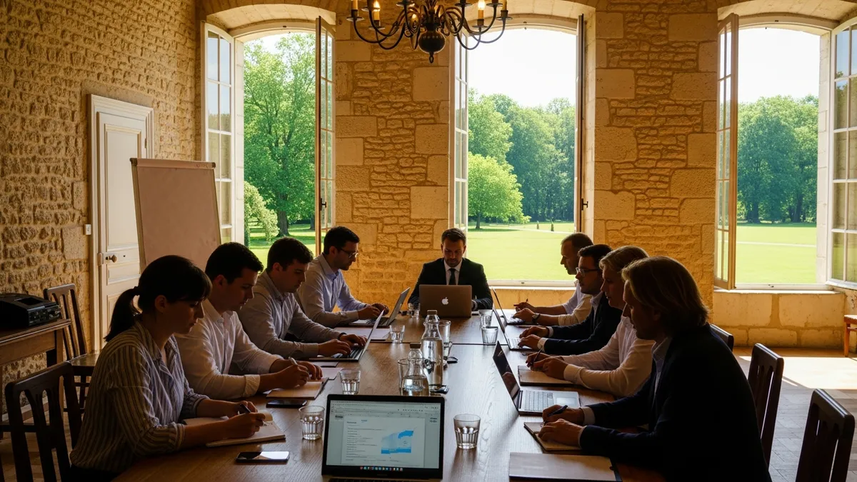 Salle de séminaire lumineuse dans un château d'Île-de-France en été, grandes fenêtres ouvertes sur un parc verdoyant