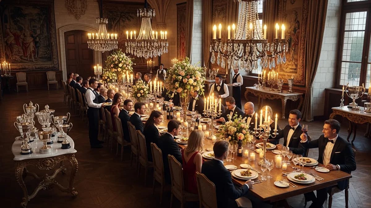 Dîner incentive prestige dans la salle de réception d'un château en Île-de-France, table dressée pour une soirée de gala, éclairage bougie et luminaires dorés, participants en tenue de soirée