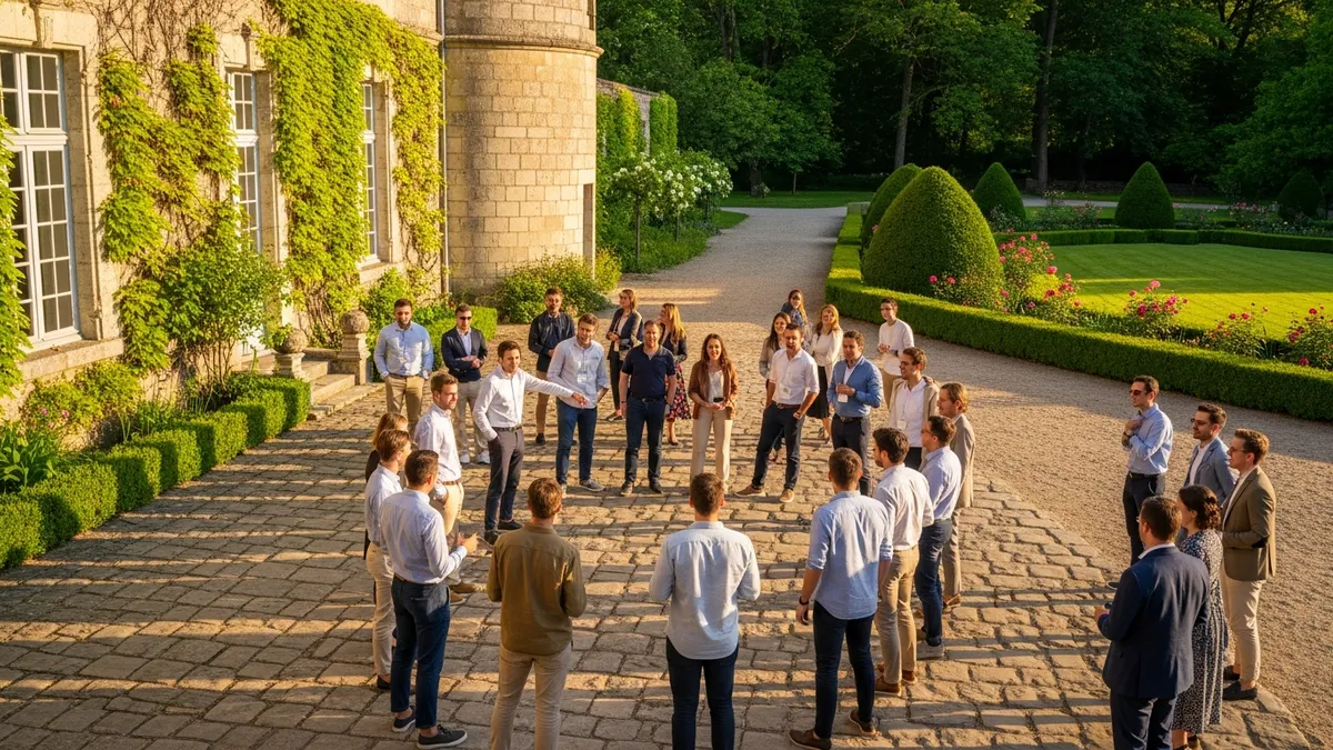 Séminaire d'intégration de nouveaux collaborateurs dans un château en Île-de-France, groupe en cercle dans un parc