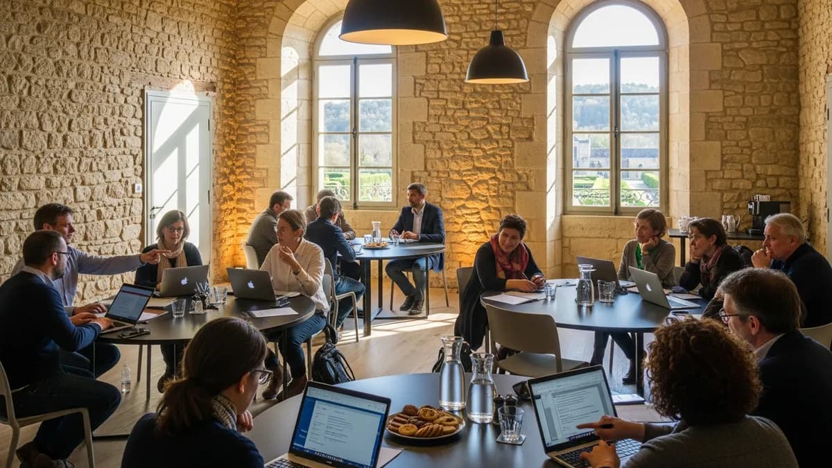 Salle de séminaire moderne dans un château d'Île-de-France, collaborateurs en atelier formation intelligence artificielle autour de tables avec ordinateurs portables