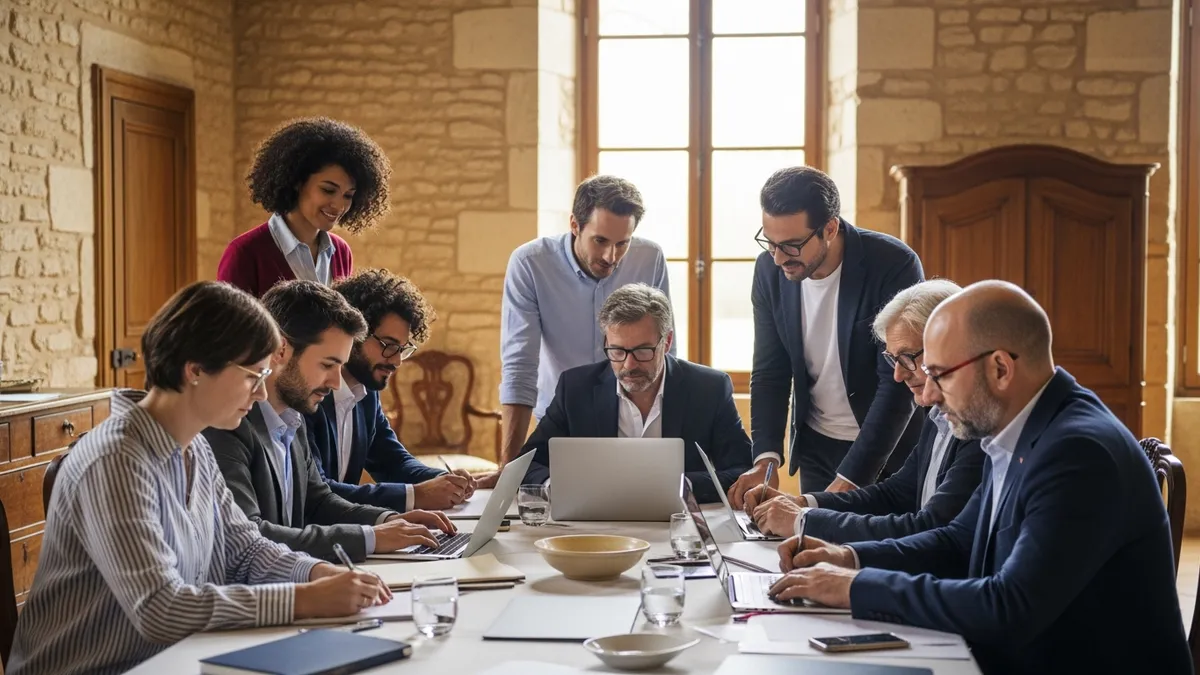 Groupe intergénérationnel de collaborateurs en atelier dans une salle de château en Île-de-France, mélange de profils juniors et seniors