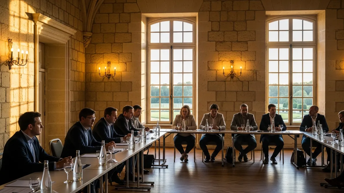 Salle de plénière dans un château d'Île-de-France décorée pour un séminaire de rentrée, lumière dorée de fin d'été