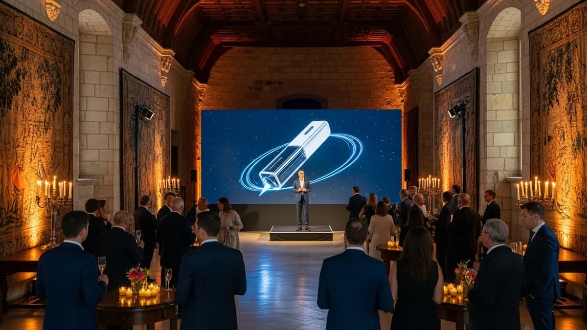 Lancement de produit en château Île-de-France avec scène de présentation et participants en soirée gala