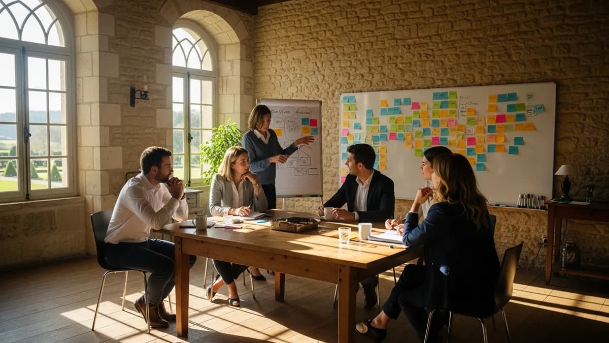 Équipe en atelier de travail autour d'un tableau blanc dans une salle de château en Île-de-France, post-its colorés, lumière naturelle