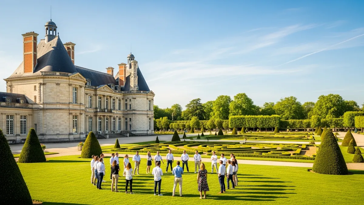 Séminaire outdoor dans le parc d'un château en Île-de-France, équipe en activité sous le soleil d'été