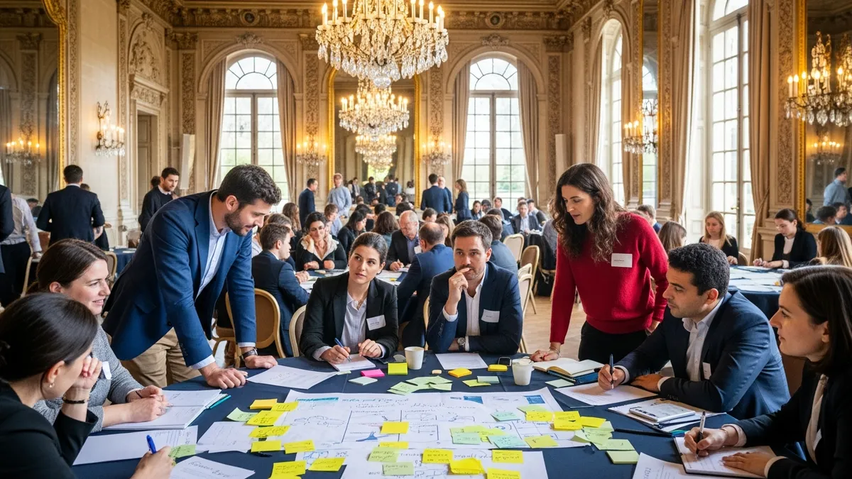 Équipes mixtes issues de deux entreprises fusionnées en atelier collaboratif dans la salle dorée d'un château en Île-de-France