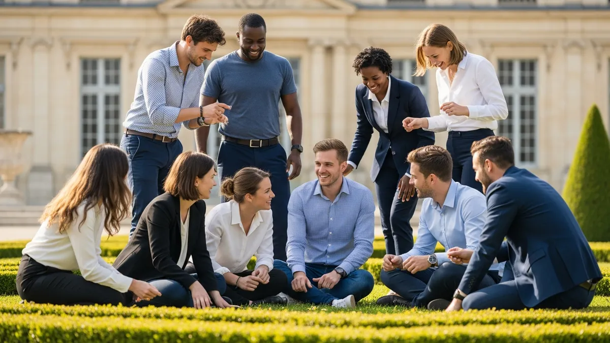 Groupe de jeunes professionnels en activité de cohésion dans le parc d'un château normand, ambiance détendue et engagée, soleil d'été