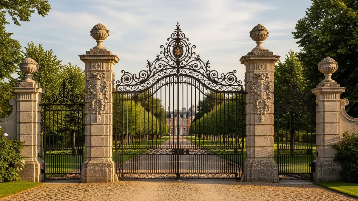 Entrée sécurisée d'un château privatisé en Île-de-France pour séminaire d'entreprise, grilles monumentales et allée d'arbres