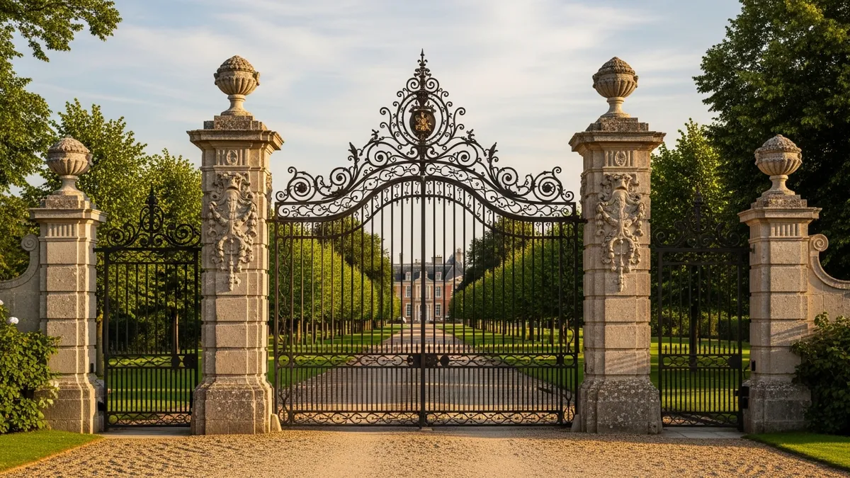 Entrée sécurisée d'un château privatisé en Île-de-France pour séminaire d'entreprise, grilles monumentales et allée d'arbres