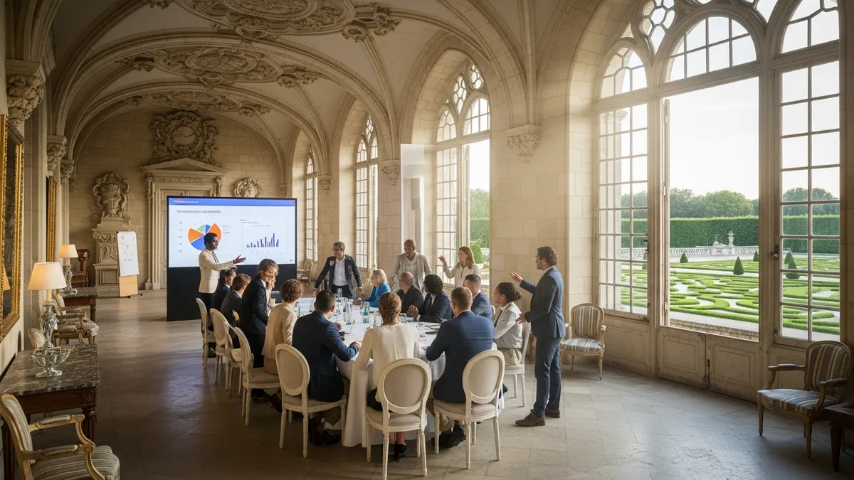 Équipe commerciale en séminaire dans une salle de conférence d'un château en Île-de-France