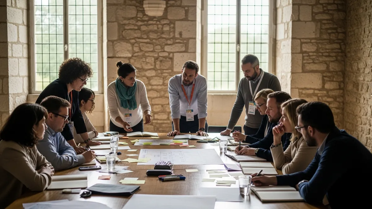 Équipe d'entreprise en atelier de cohésion dans une salle de château, participants engagés autour d'une table de travail collaboratif