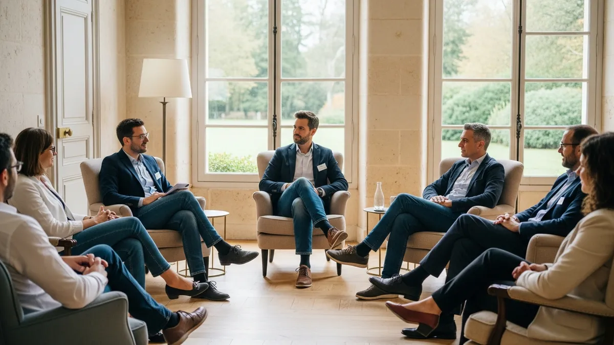 Groupe de collaborateurs en cercle dans un salon lumineux d'un château en Île-de-France, ambiance bienveillante et détendue, séminaire de cohésion RH