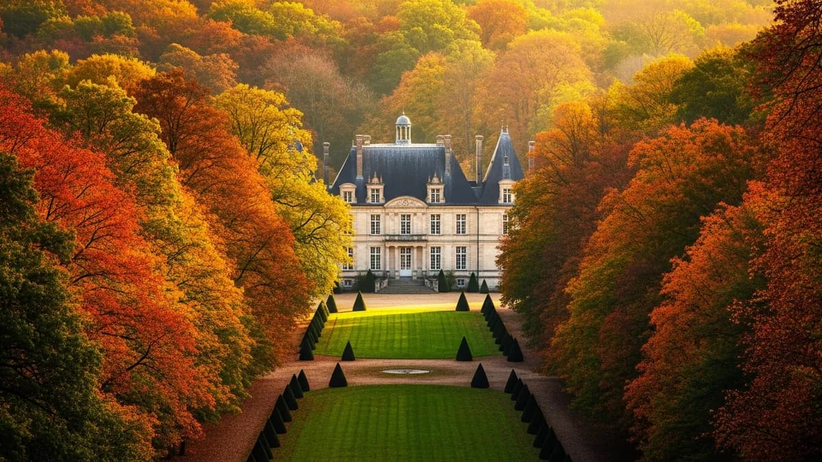 Château classique en Seine-et-Marne entouré d'une forêt dense, façade en pierre de taille, parc arboré, lumière dorée d'été