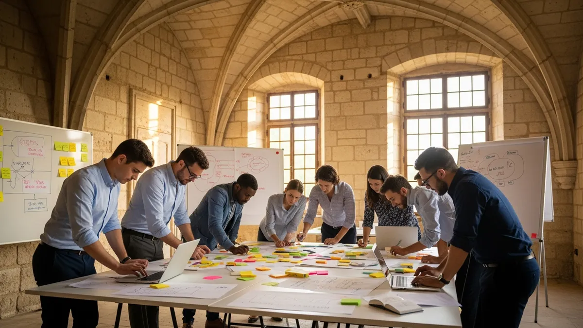 Équipes en sprint d'innovation dans une salle de château avec post-its colorés, tableaux blancs et fenêtres donnant sur un parc en Île-de-France
