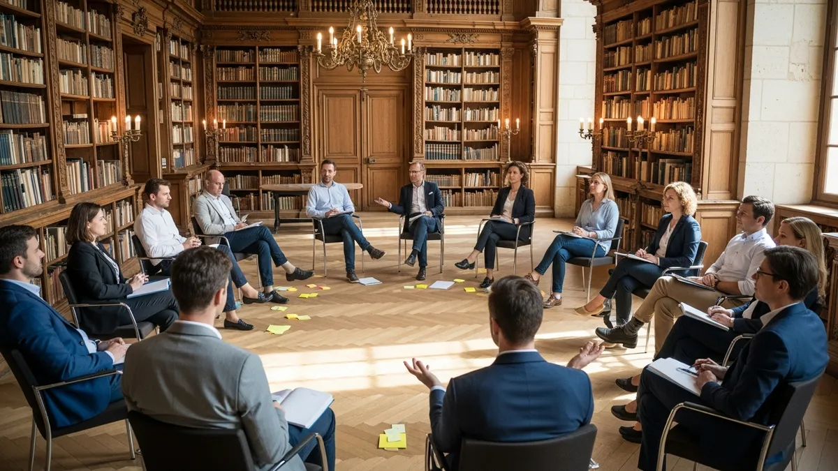 Atelier de storytelling d'entreprise dans la salle des gardes d'un château en Île-de-France, participants autour d'une table avec carnets et post-its