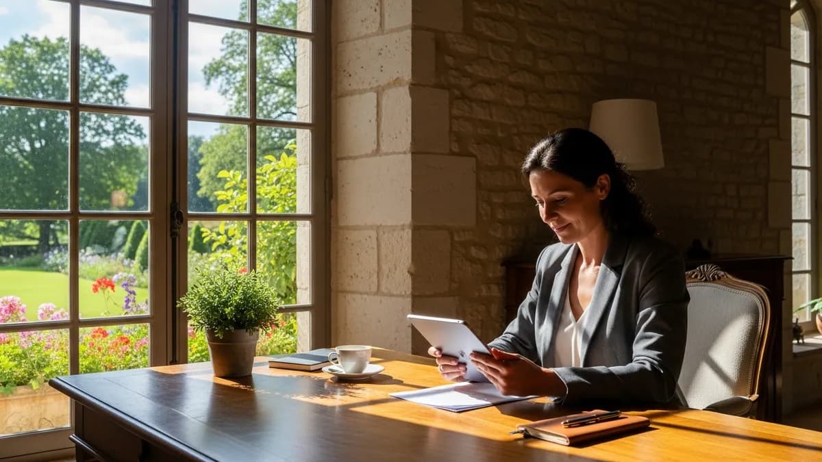 Manager sereine consultant un tablette dans une salle de réunion de château, lumière naturelle, ambiance calme et organisée