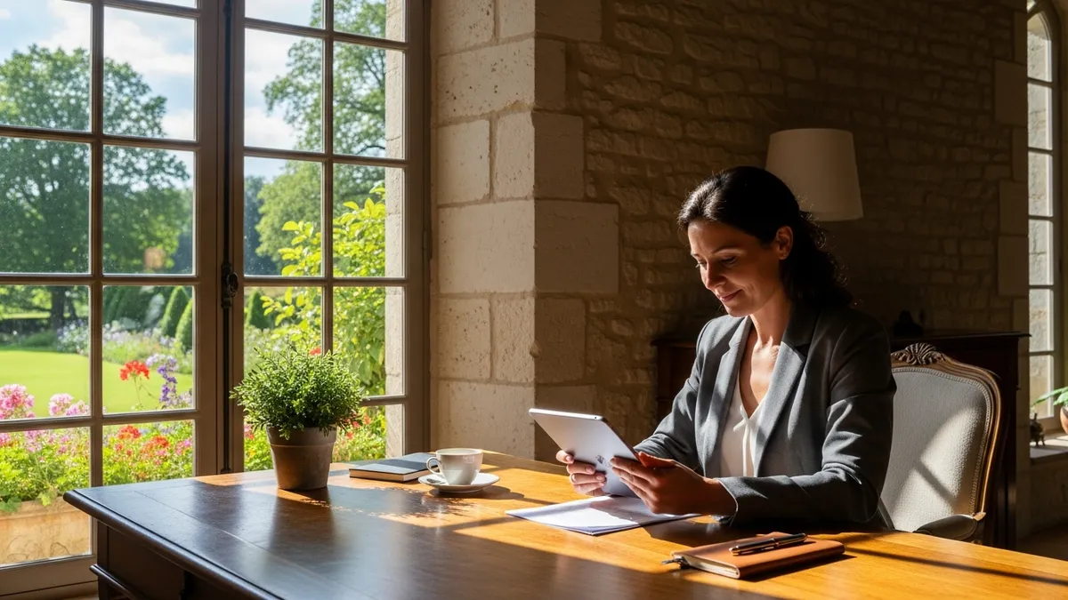 Manager sereine consultant un tablette dans une salle de réunion de château, lumière naturelle, ambiance calme et organisée