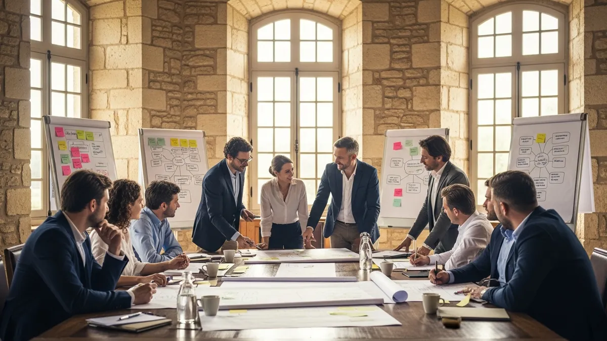 Équipe dirigeante en atelier de co-construction des valeurs d'entreprise dans une salle de château en Île-de-France