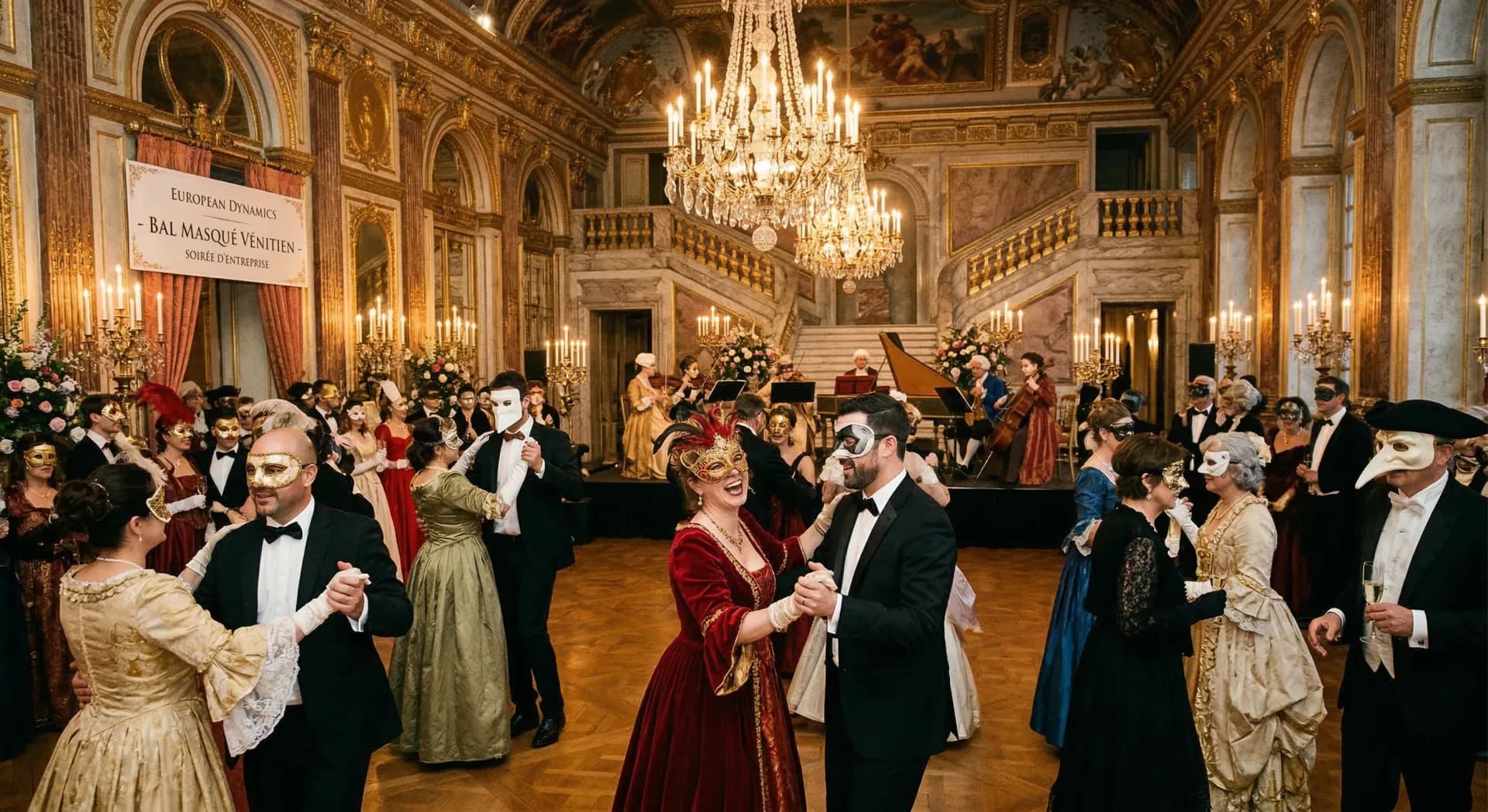 Bal masqué vénitien en château — salon doré et masques