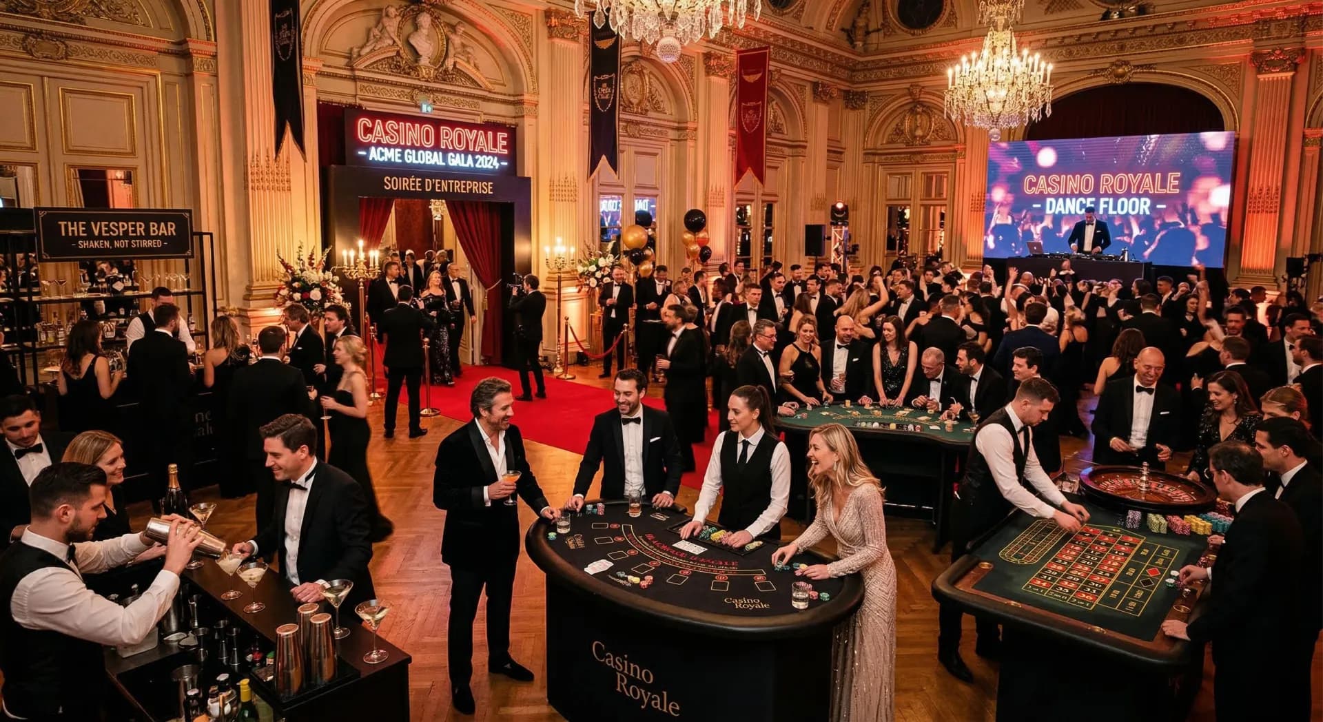 Soirée Casino Royale en château — tables de jeux et tapis rouge