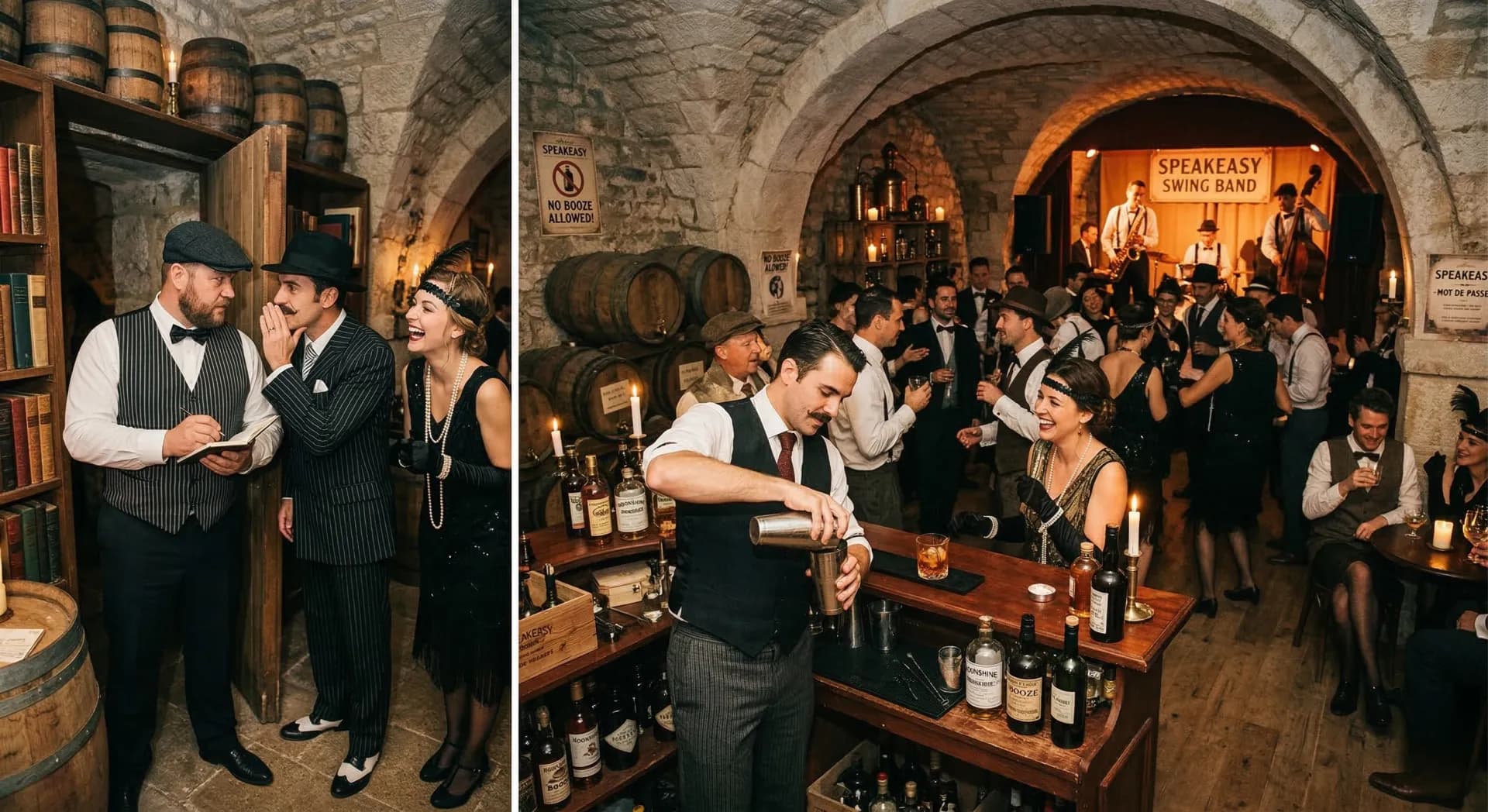 Soirée Prohibition speakeasy en château — bar clandestin et swing