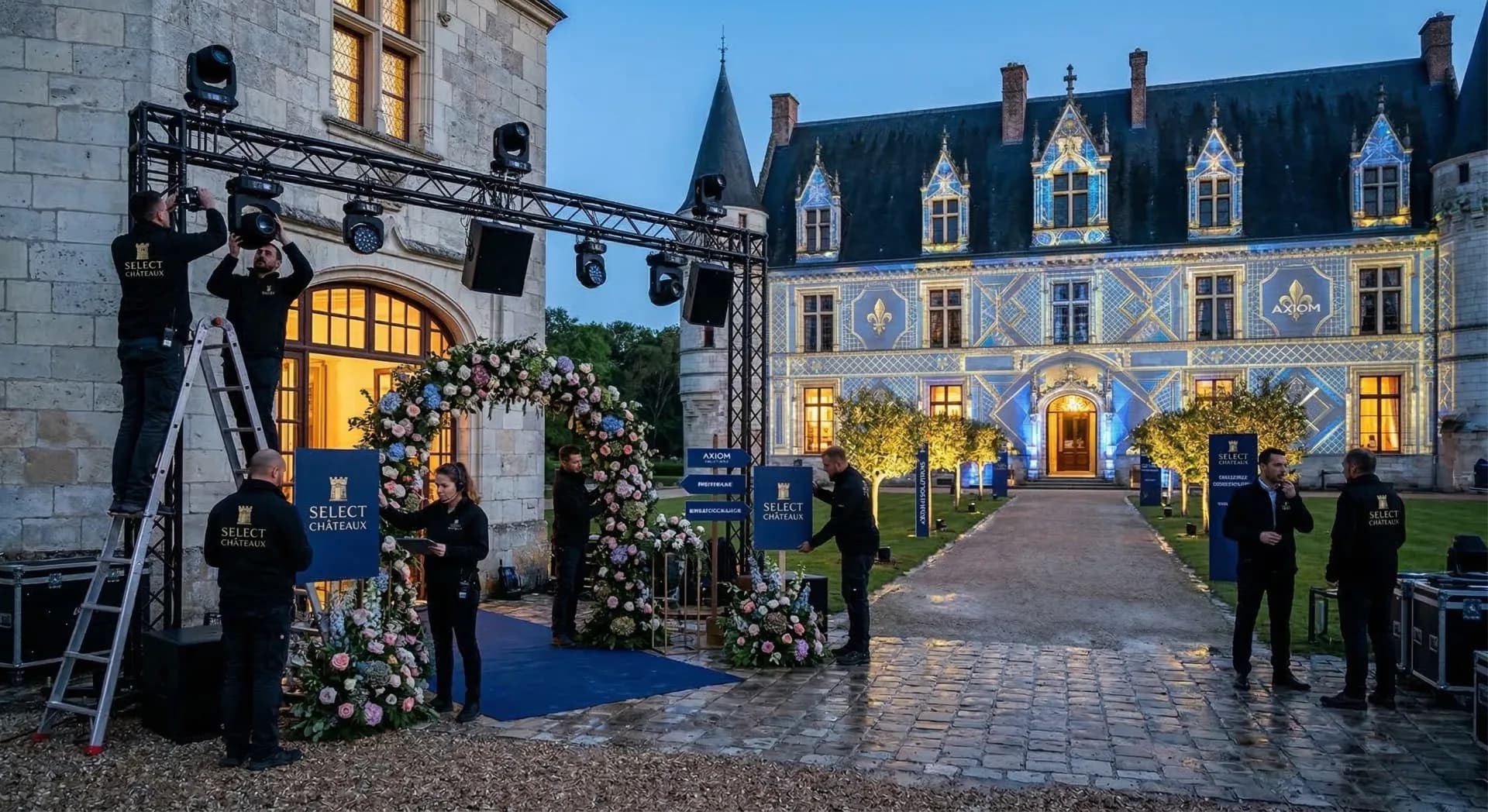 Scénographie et éclairage sur mesure pour soirée d'entreprise en château