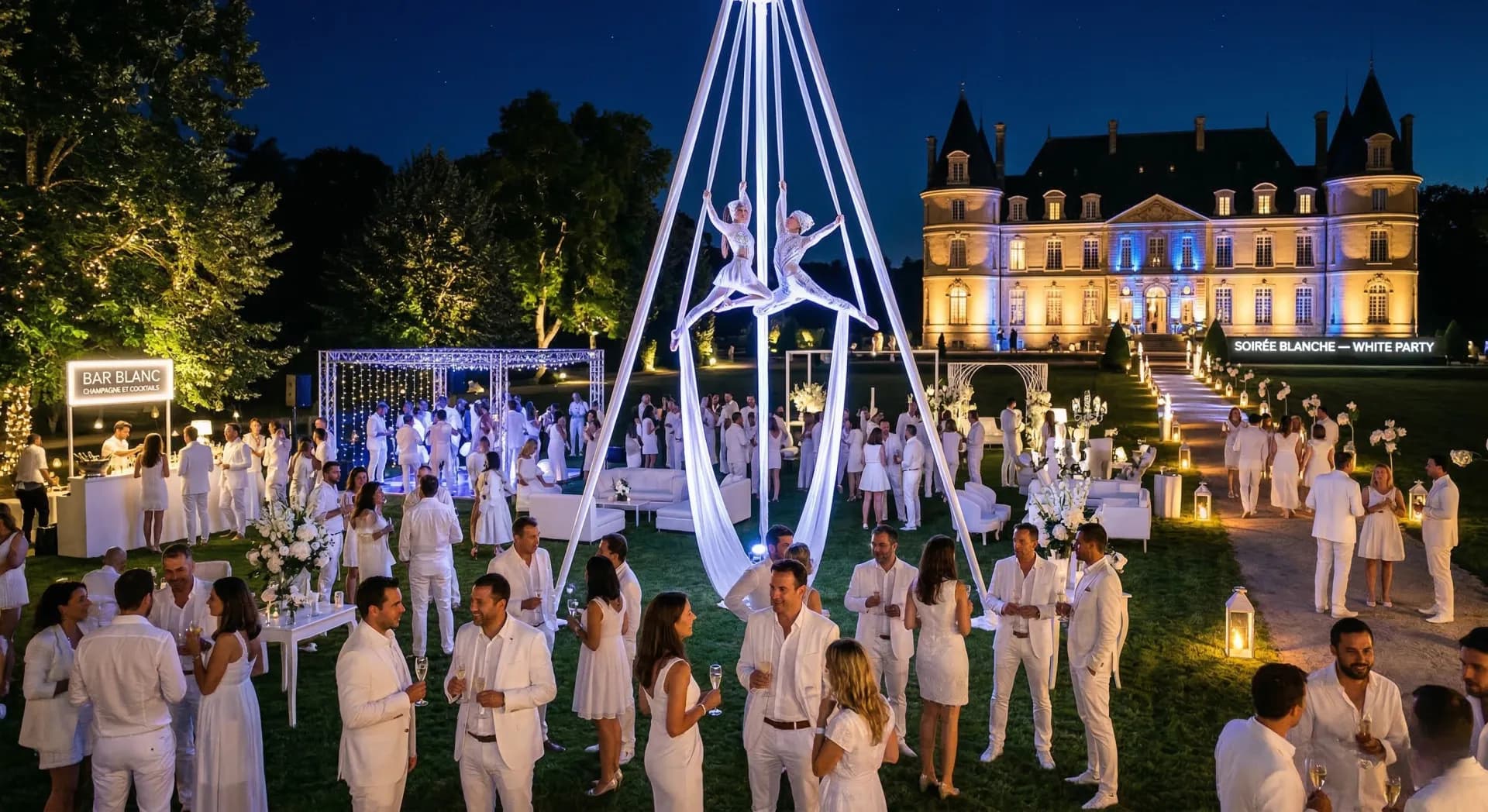 White Party en château — soirée blanche avec acrobates aériens