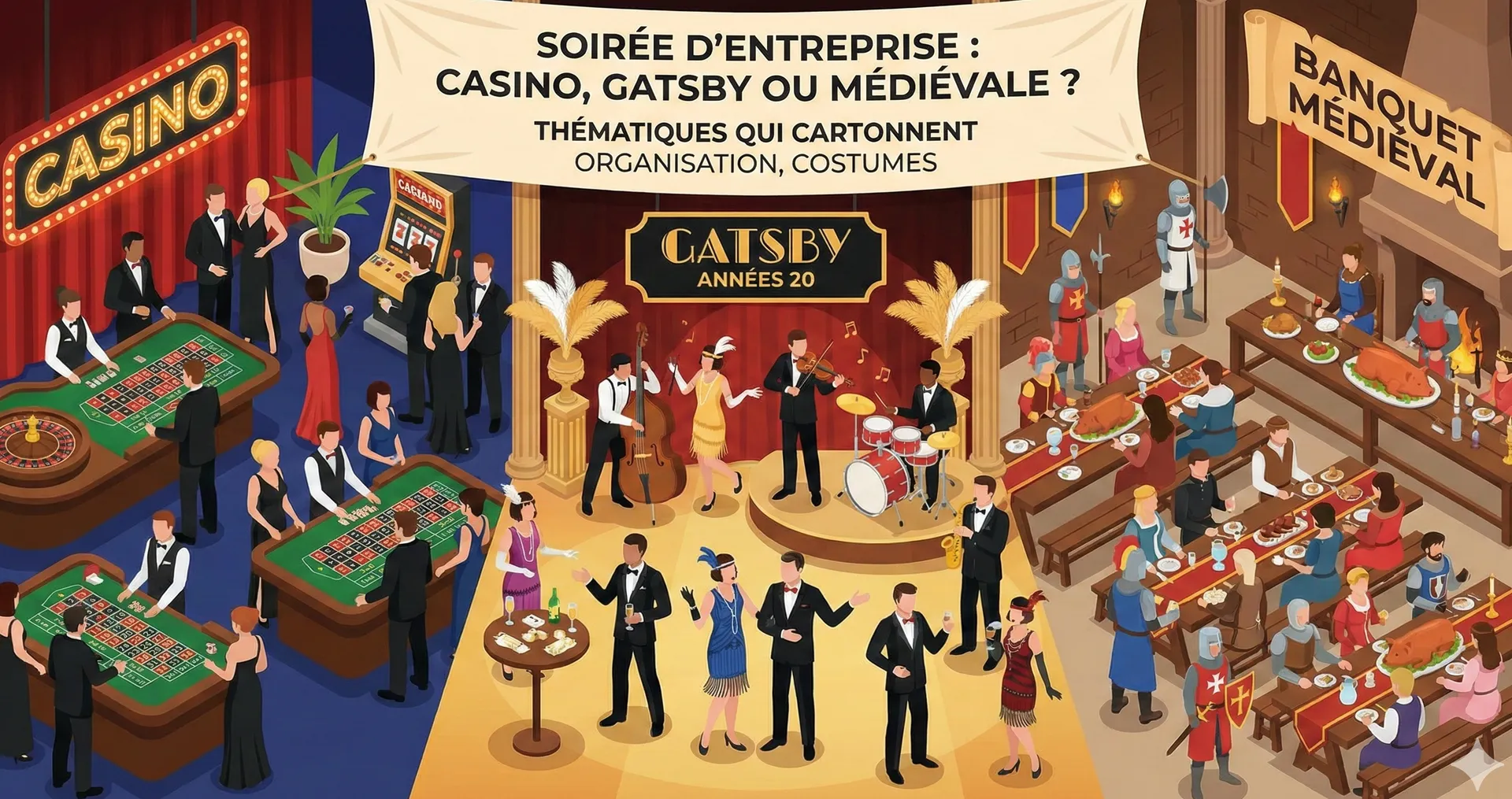 Soirée entreprise thématique Casino Gatsby ou médiévale en château