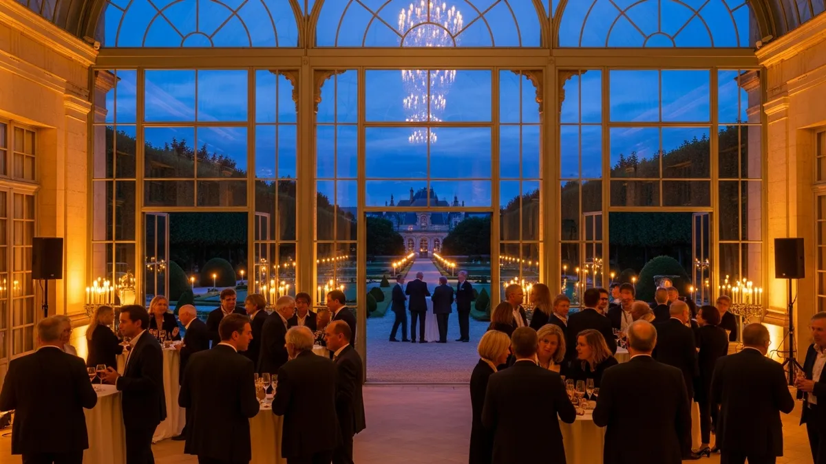Soirée d'entreprise en château dans les Hauts-de-Seine, grande salle de réception illuminée, invités en tenue de soirée