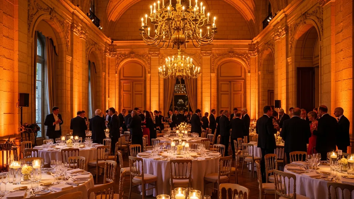 Grande salle de réception d'un château en Île-de-France décorée pour un gala d'entreprise, lumières chaudes, tables rondes dressées, ambiance prestige