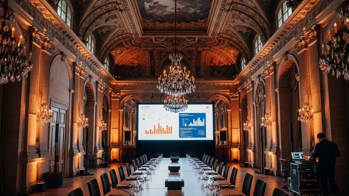 Régie audiovisuelle professionnelle installée dans une salle de séminaire d'un château, écran LED et micro de conférence