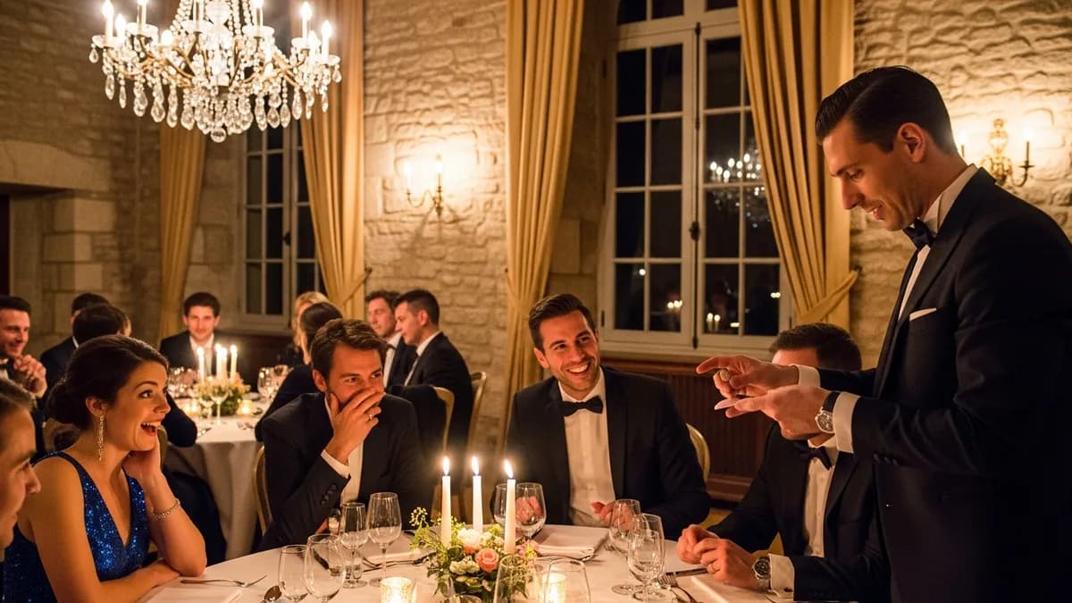 Magicien en costume se produisant devant des collaborateurs en tenue de soirée dans une salle de réception d'un château francilien
