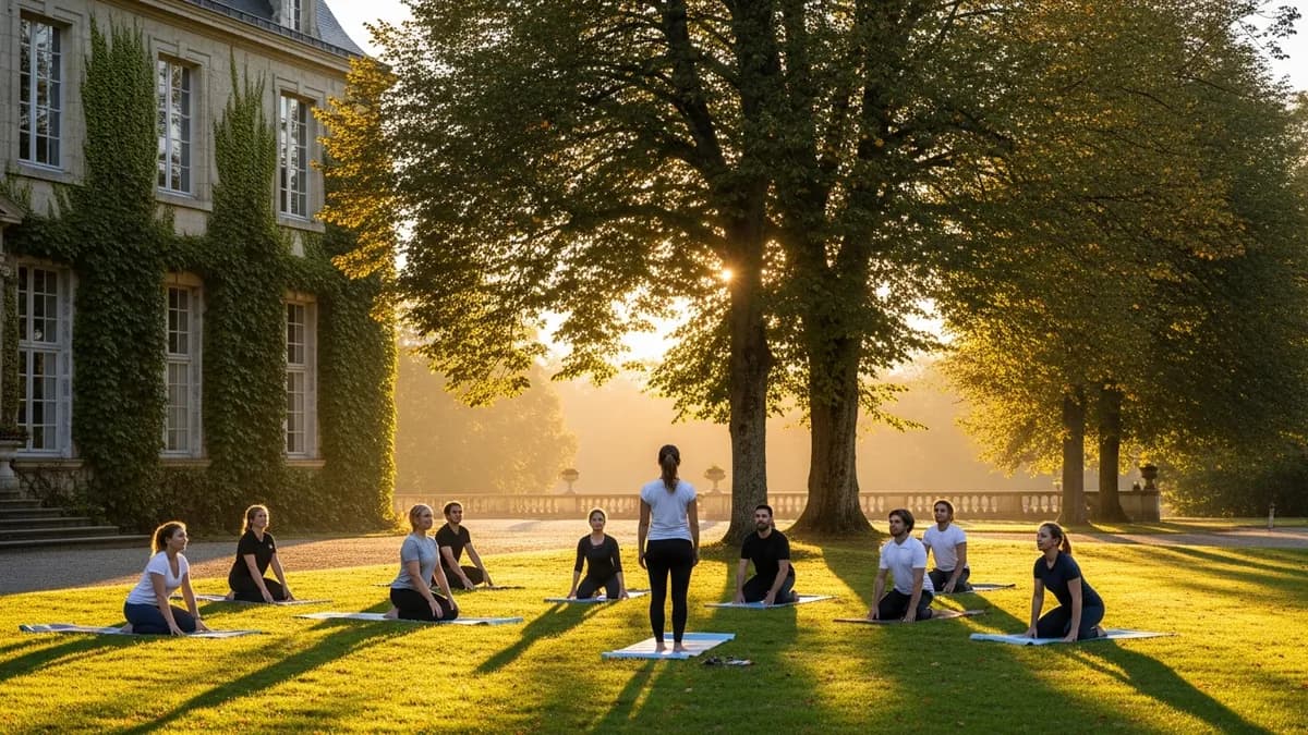 Groupe de collaborateurs faisant du yoga en plein air dans le parc d'un château en Île-de-France au lever du soleil
