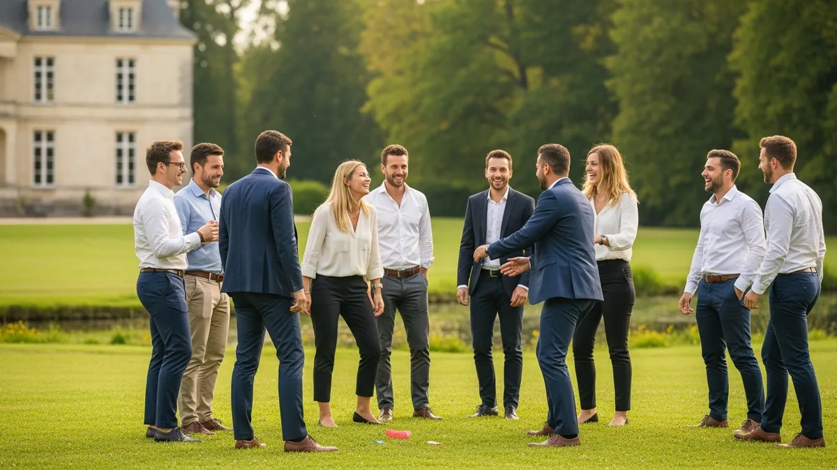 Équipe d'entreprise en activité team building en extérieur dans le parc d'un château des Yvelines