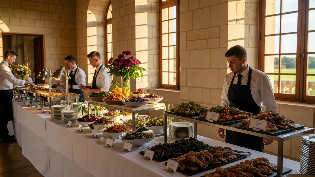 Table de buffet élaborée dans la salle de réception d'un château en Île-de-France, plats variés pour régimes halal vegan et sans gluten, décoration florale estivale