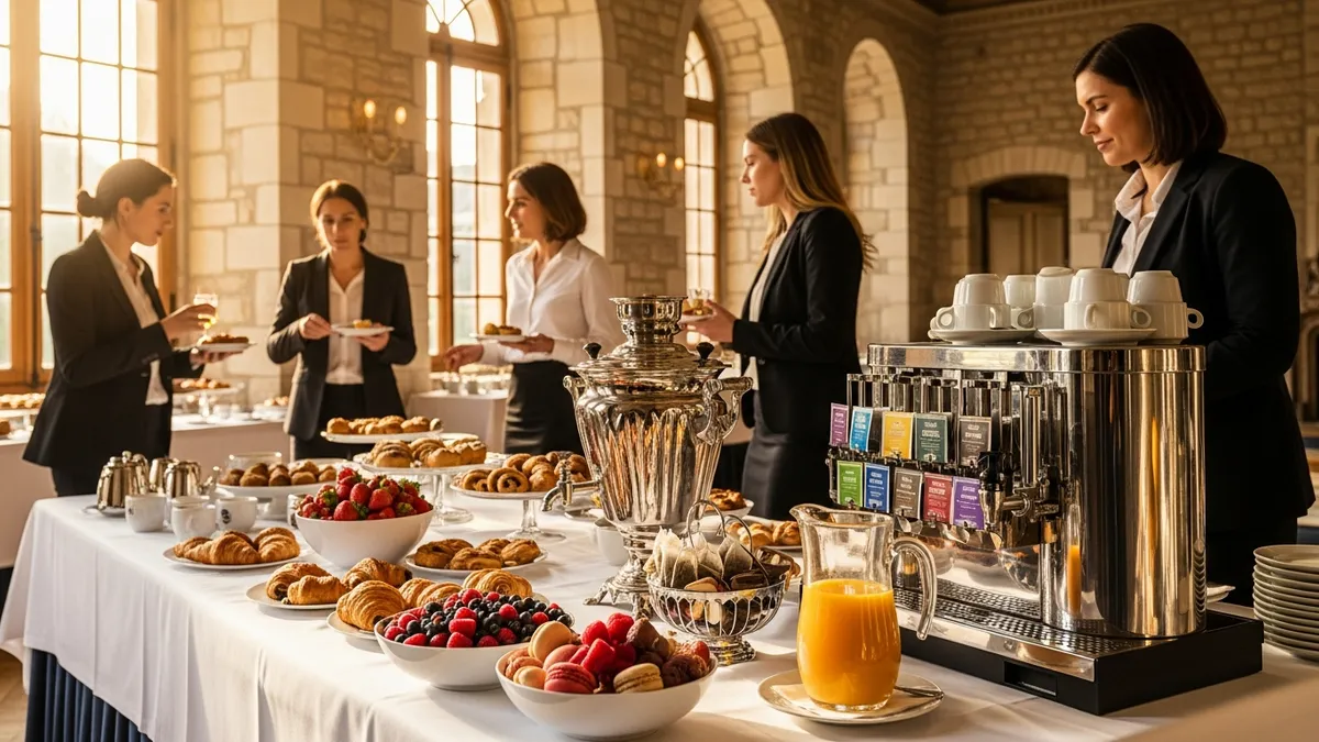 Buffet de petit-déjeuner d'affaires élégant dans une salle de château avec viennoiseries, fruits frais et jus sur nappe blanche, lumière matinale dorée