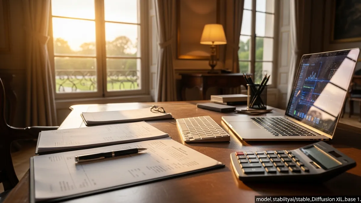 Documents comptables et facture de séminaire en château avec calculatrice, optimisation fiscale événement entreprise