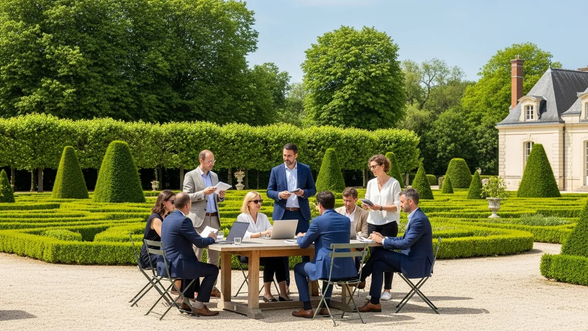Atelier formation en château Île-de-France, groupe de managers en session de travail dans une salle lumineuse avec vue sur parc